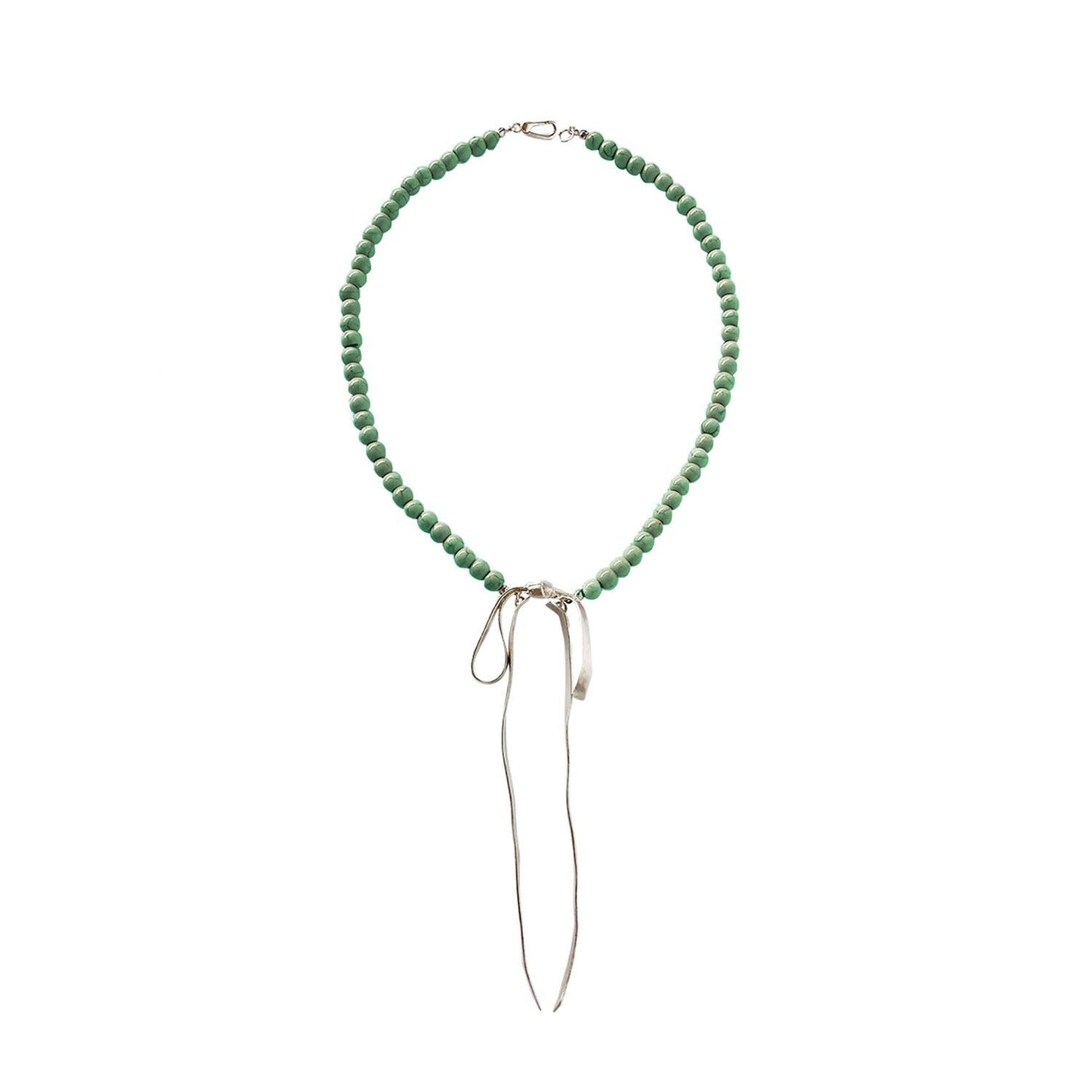 Chloe VINTAGE GREEN BEADED RIBBON NECKLACE featuring a clean chic bow design of Dyed green quartz & Glass beads in small size and vintage green color with gold necklace clasp ,perfect for dailylife/party/office/casual occasion. Styled against a white background.
