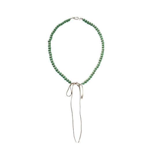 Chloe VINTAGE GREEN BEADED RIBBON NECKLACE featuring a clean chic bow design of Dyed green quartz & Glass beads in small size and vintage green color with gold necklace clasp ,perfect for dailylife/party/office/casual occasion. Styled against a white background.