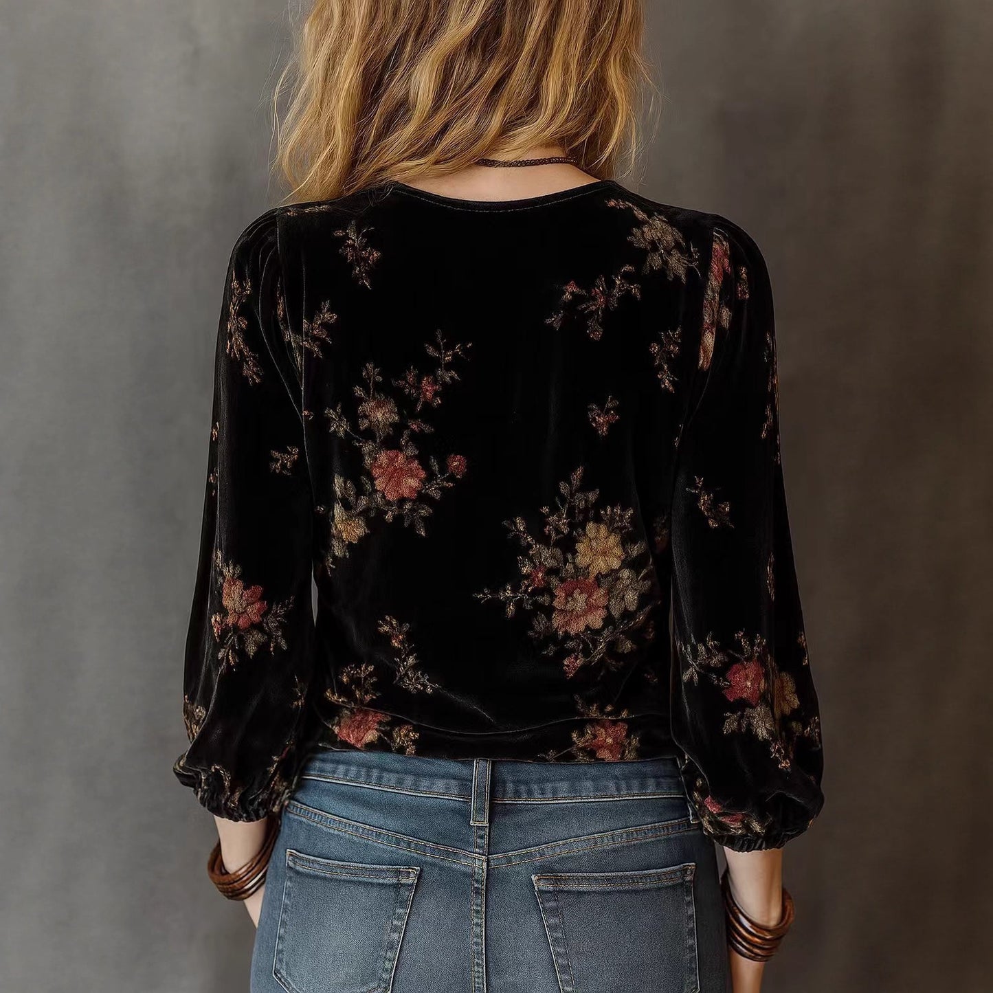 Velvet Vintage Flower Lantern Sleeve Shirt