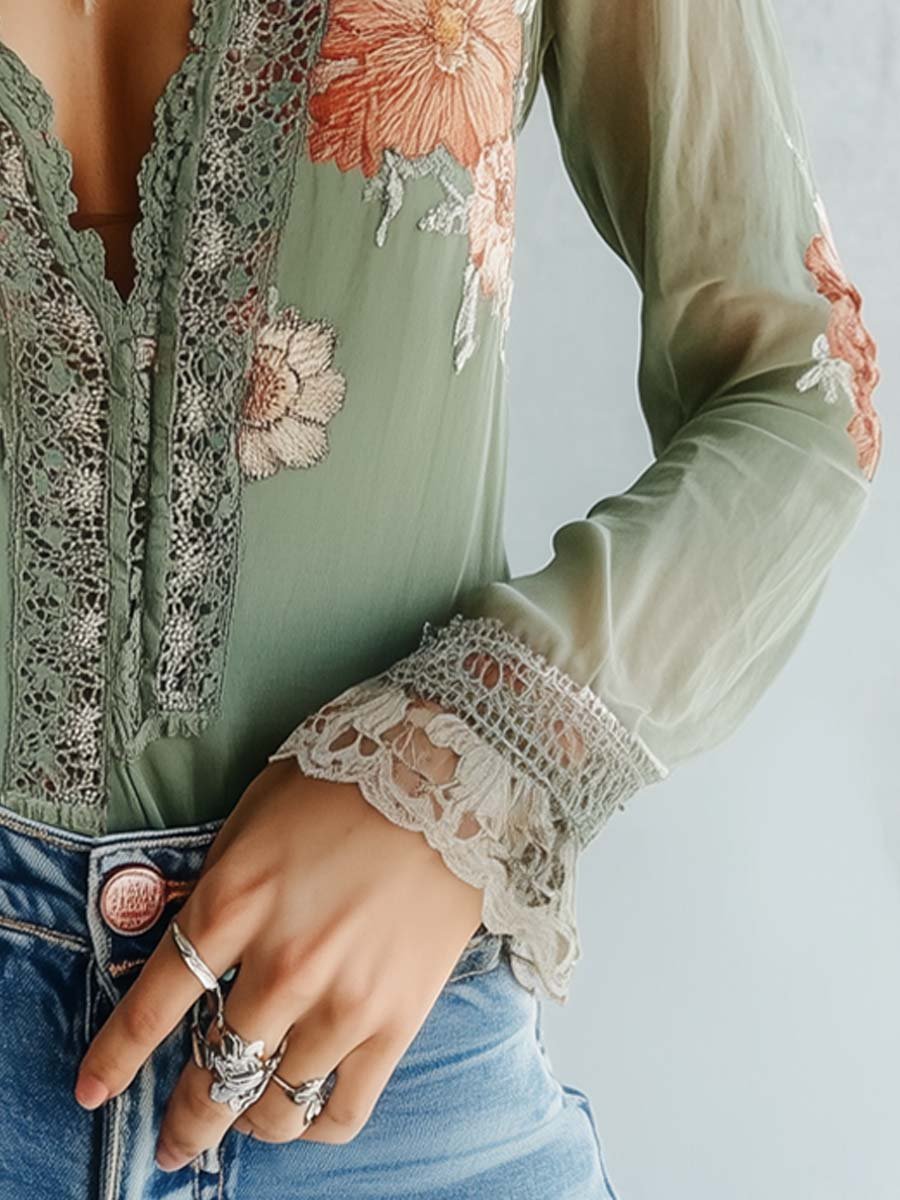 Vintage Bohemian Floral Printed Lace Blouse