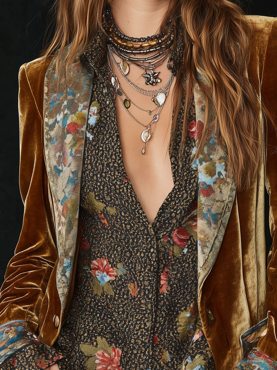 Vintage Lapel Polyester Velvet Floral Print Patchwork Blazer
