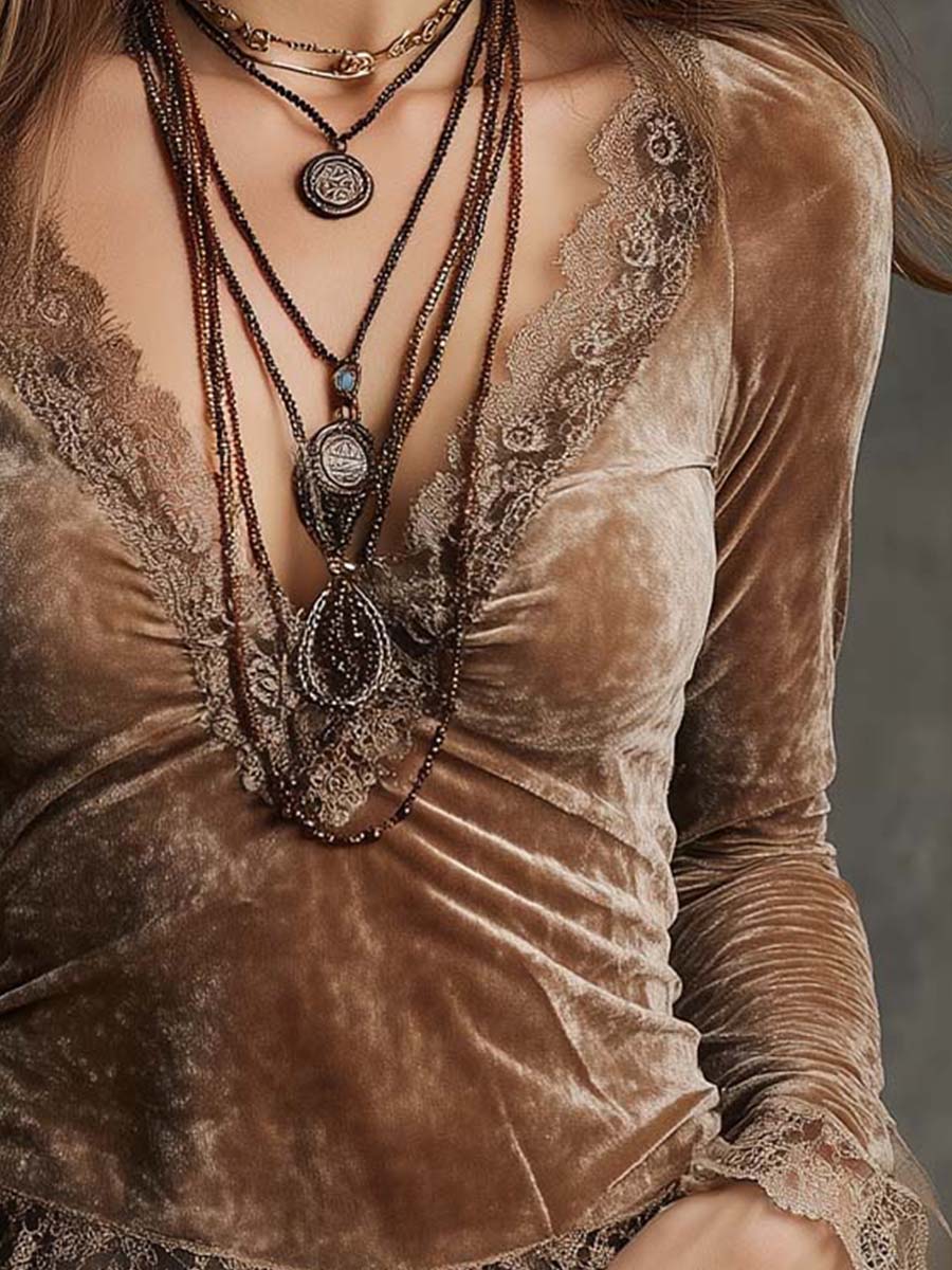 Retro Vintage Light Brown Velvet Lace Trim Long Sleeve Top