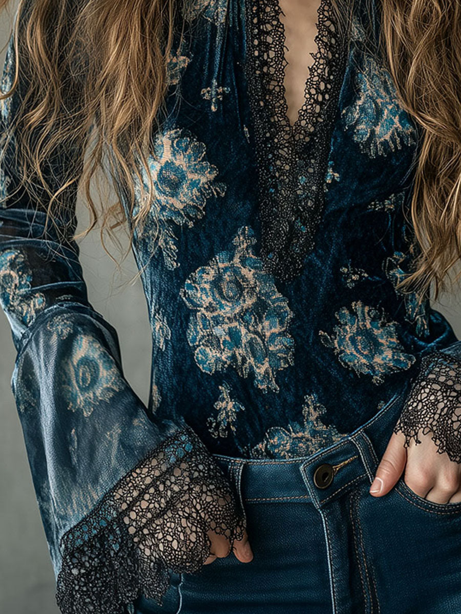 Retro Blue Floral Velvet Lace Blouse With Bell Sleeves