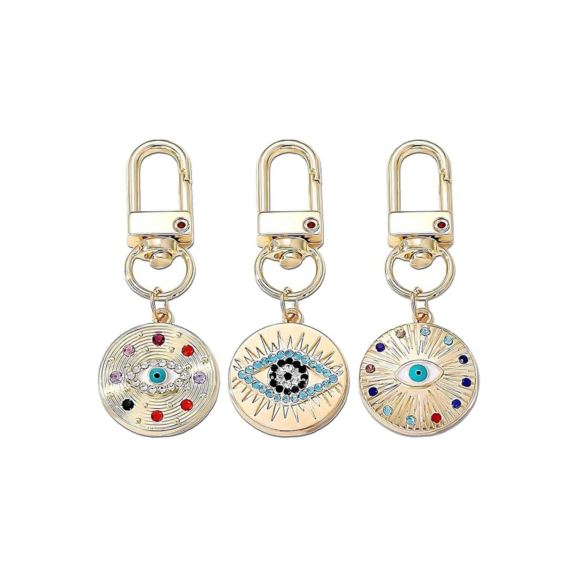 Silver Gold Evil Eye Keychain for Women Protection Good Luck Charms Key Chain for Car Keys Holder Bag Purse featuring a clean chic eye design and gold color ,perfect for daily /party/casual/office bagcharm/chain charm decoration . Styled against a white background.