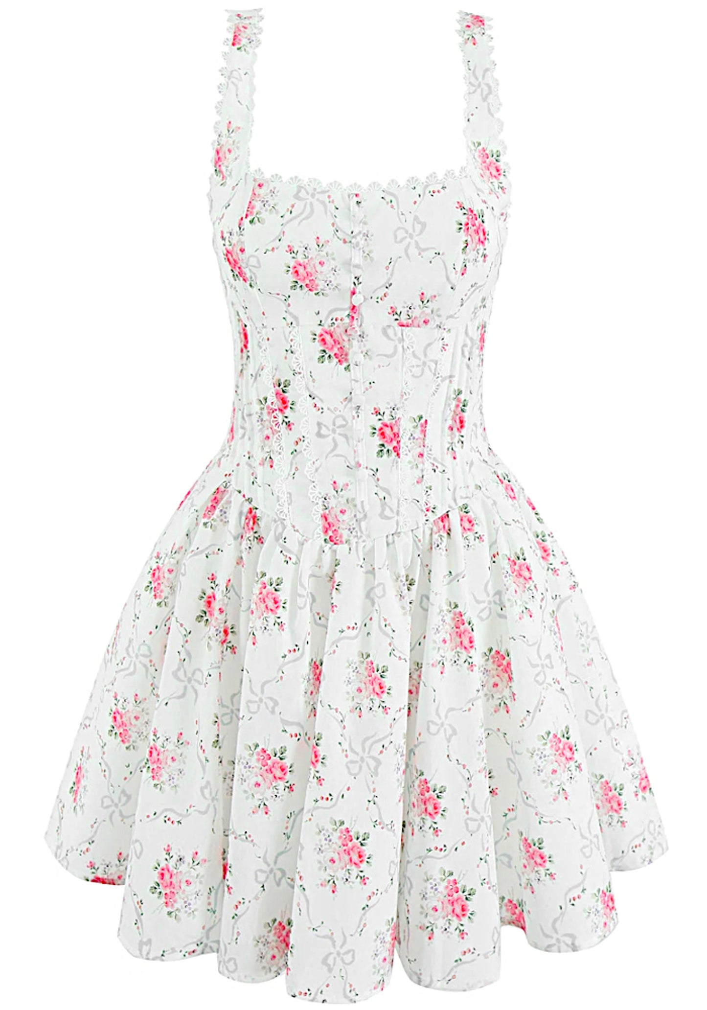 A Rose is A rose Floral Crochet Trim Button A Line Dress
