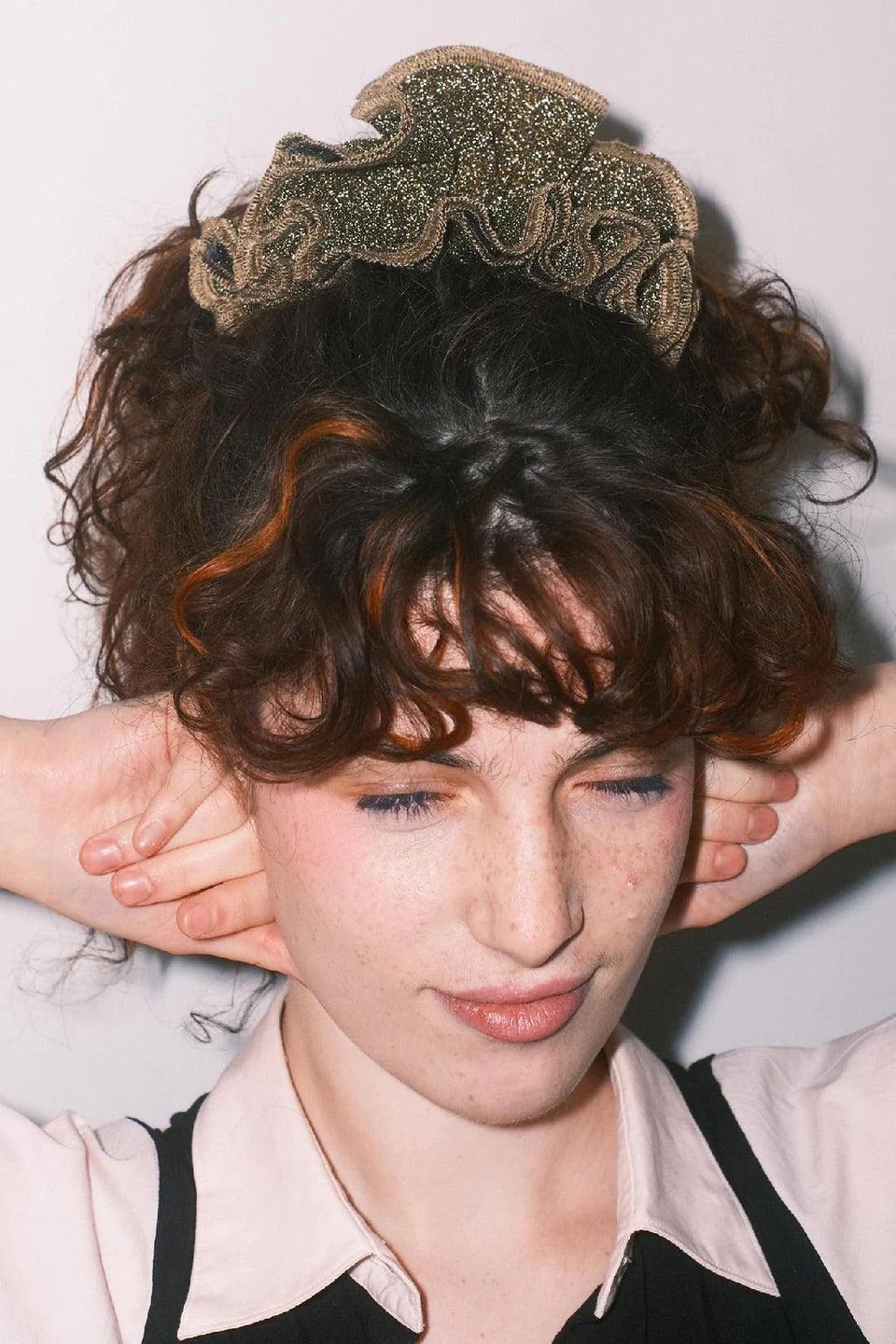 Bowsatelier Sweet Dreams Scrunchie in Silver Brat  and gold stylish for thick curly good shining hair