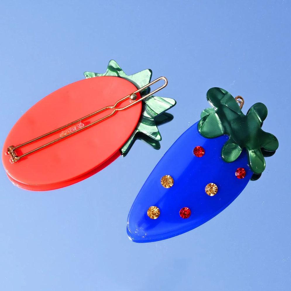 Bowsatelier Unique Strawbs Clips Set  in blue & red- cute hair claw with distinctive pattern. good for thick curly fine hair