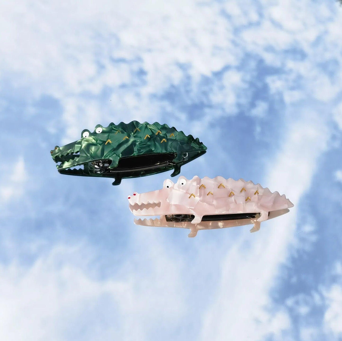 Bowsatelier Unique Green pink Alligator Barrette- cute classic hair claw with distinctive pattern. good for thick curly fine hair