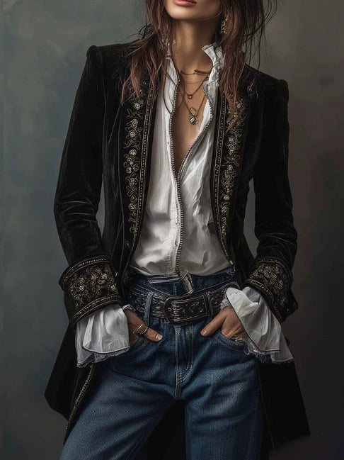 Vintage Navy Polyester Velvet Embroidered Long Jacket