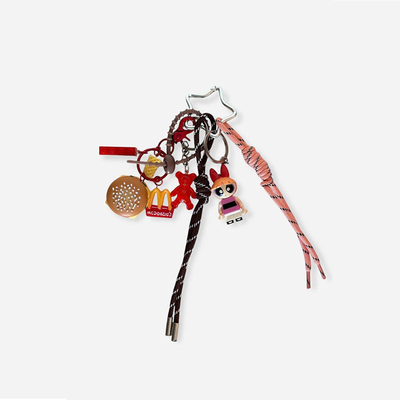 Premium powerpuff McDonald burger and bear bag charm, handcrafted in a unique character design, fashionable pink ornament for bags and gifts