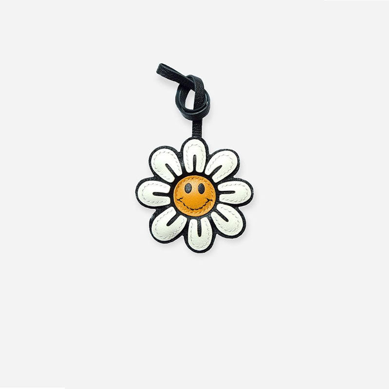 Smile Sunflower Handcrafted leather  bag charm, eco-friendly luxury accessory for tote bags, crossbody bags, and gifts.