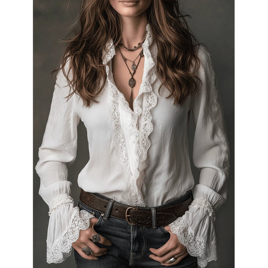 Casual And Versatile White Lace-Trimmed Shirt