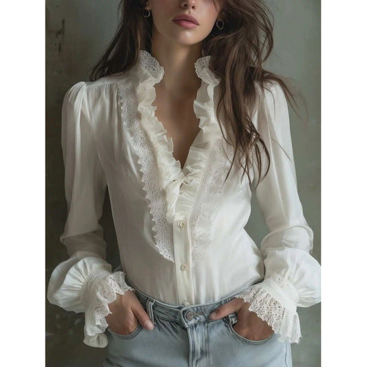 Romantic Ruffled Lace Blouse – Ivory White