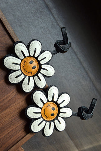 Smile Sunflower Handcrafted leather  bag charm, eco-friendly luxury accessory for tote bags, crossbody bags, and gifts.