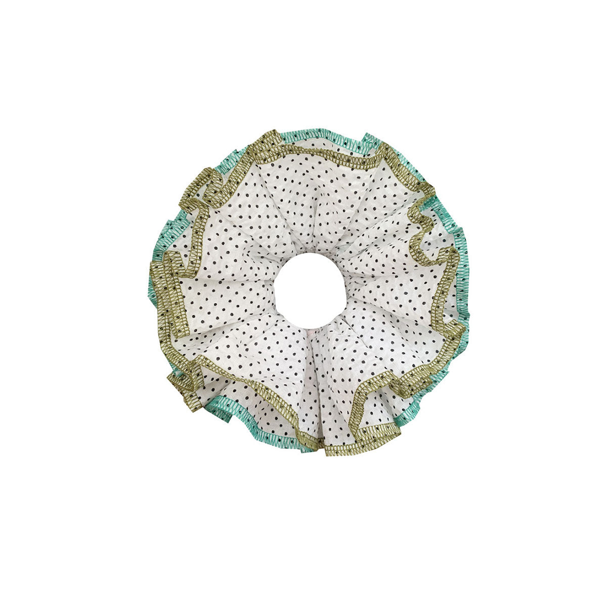 Sweet Dreams Scrunchie in Lil Dots green blue oversized Soft and stylish cotton linen lace scrunchie feature a linen decorated design for added charm. A must-have statement accessory to complete your daytime look.