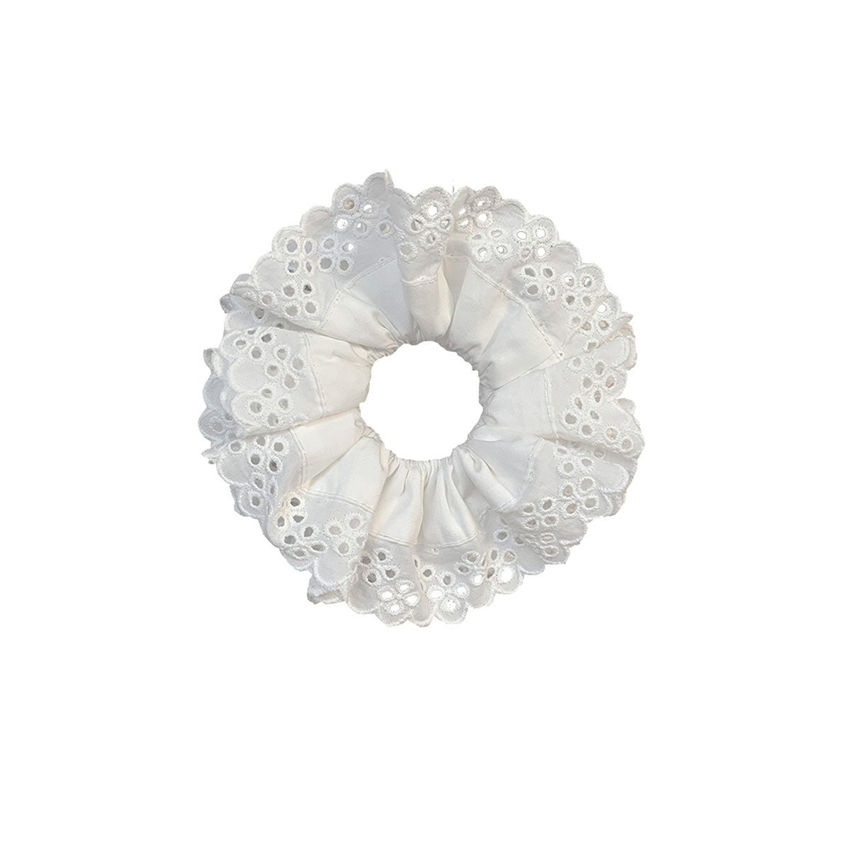 Sweet Dreams Scrunchie in White Daffodil oversized Soft and stylish cotton linen lace scrunchie feature a linen decorated design for added charm. A must-have statement accessory, they can be styled as bracelets or used to adorn any bun, completing your daytime look.