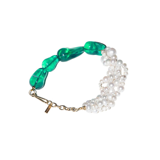 DEVOTION:PEARL AND GREEN BIO RESIN GOLD PLATED BRACELET