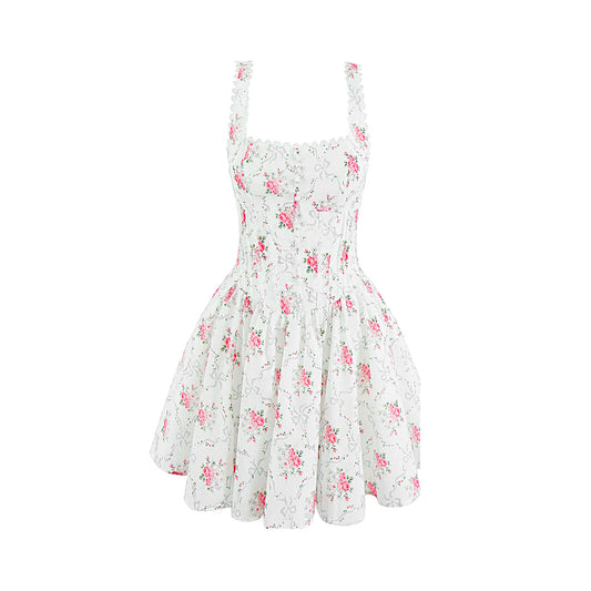 A Rose is A rose Floral Crochet Trim Button A Line Dress
