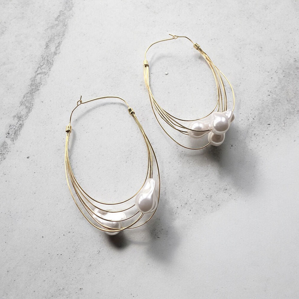 CHLOE GORGEOUS GIANT BAROQUE PEARL GOLD HOOP EARRINGS