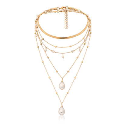 MULTI LAYER WATER DROP PEARL PENDANT WEDDING NECKLACE featuring a clean chic design and modern nature gold and pearl color ,perfect for dailylife/party/office/casual occasion. Styled against a white background.