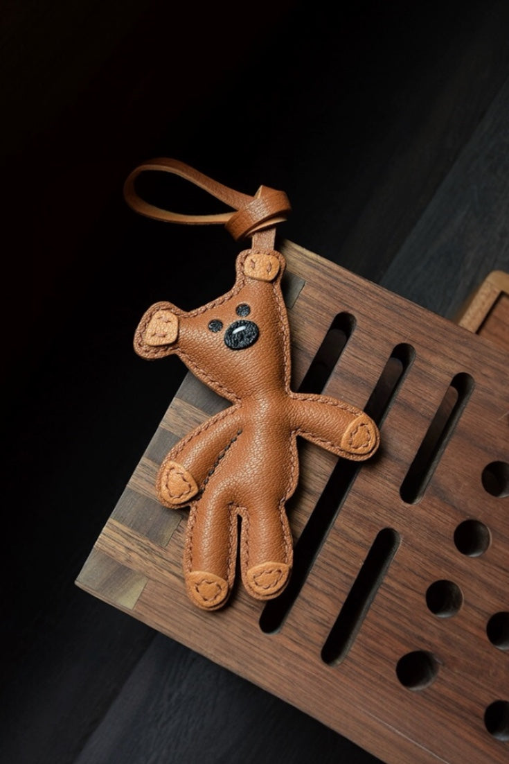 Mr Bean Teddy Handcrafted leather teddy bear bag charm, eco-friendly luxury accessory for tote bags, crossbody bags, and gifts