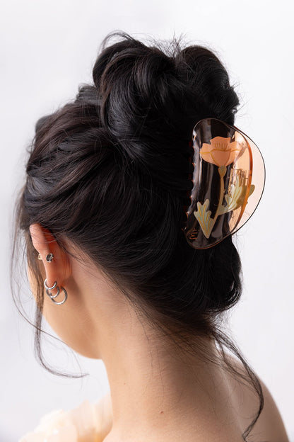 California Poppy Flower Jennie inspired cute bio-acetate large hair claw clip designed for elegant updos– perfect for thick hair and effortless hairstyles