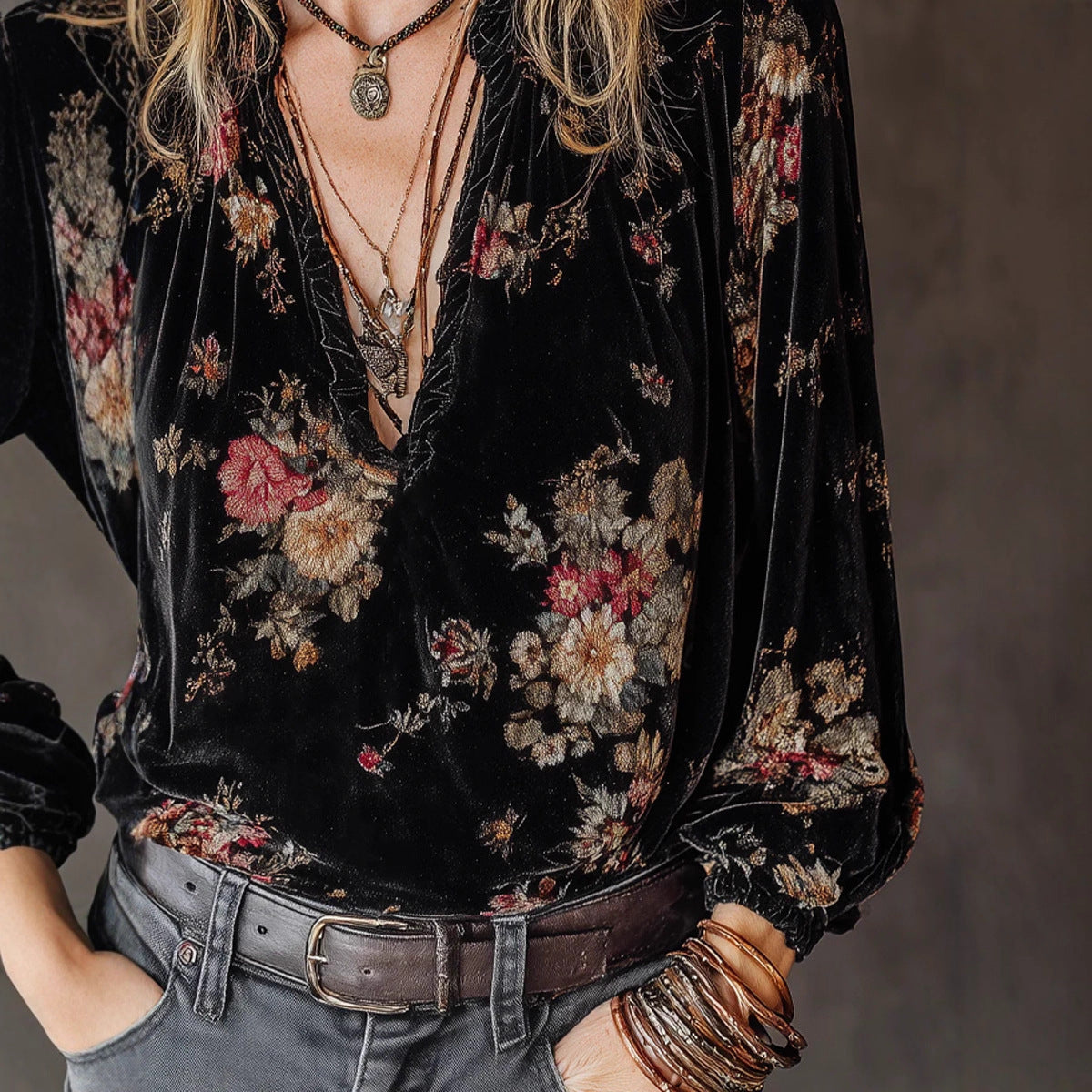 Velvet Vintage Flower Lantern Sleeve Shirt
