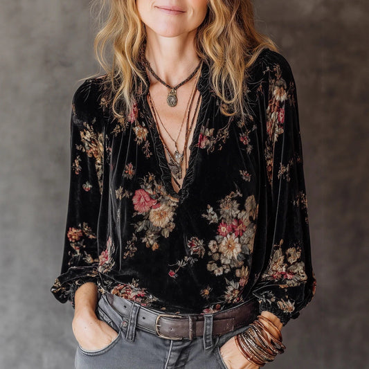 Velvet Vintage Flower Lantern Sleeve Shirt
