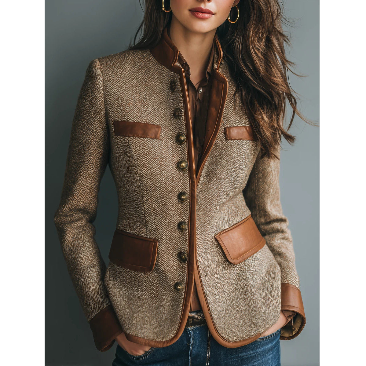 Vintage Eco-Leather Trim Pocket Tweed Jacket