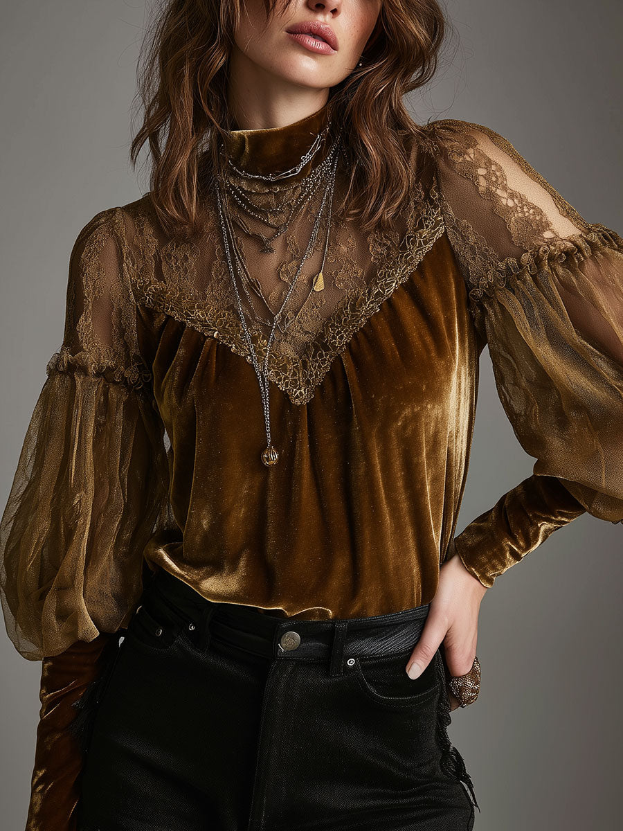 Retro Gold Velvet Lace Patchwork Balloon Sleeve Blouse