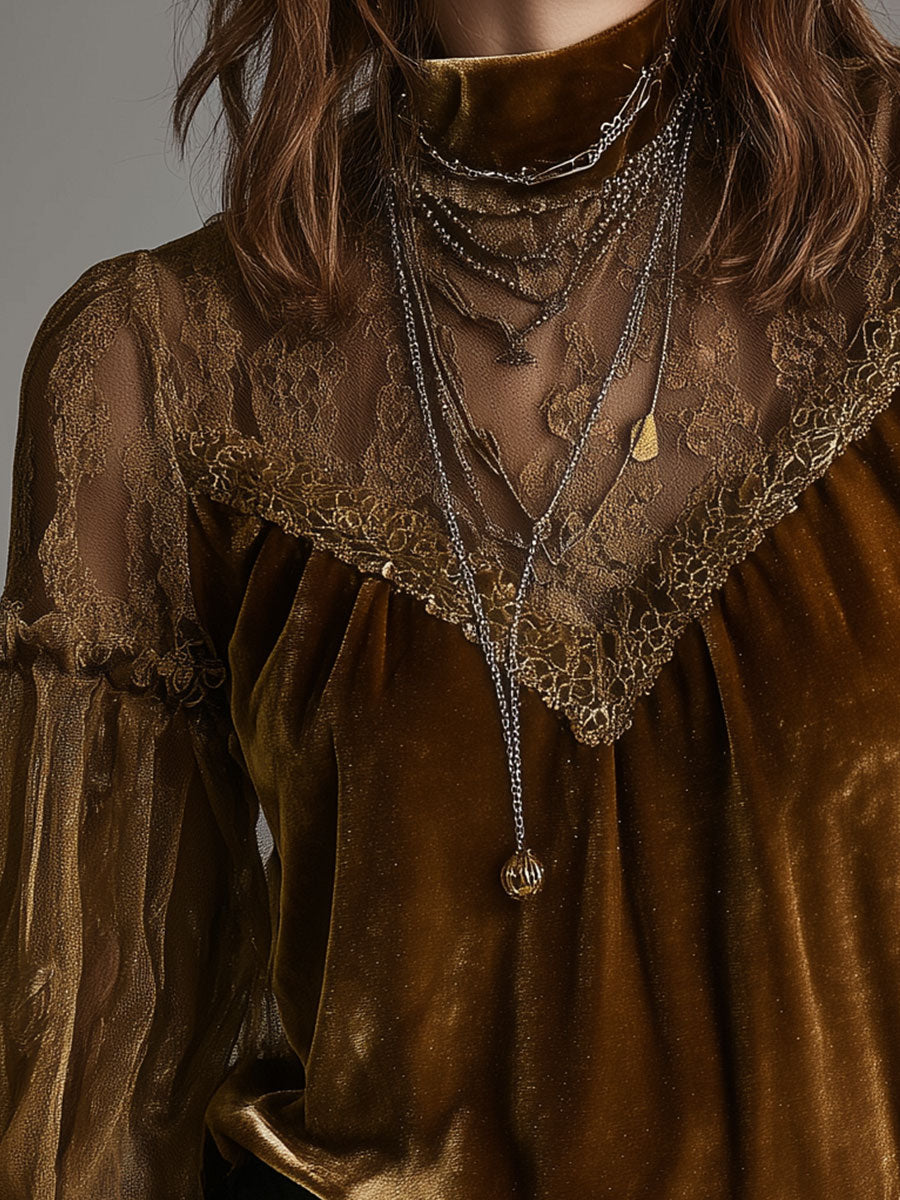 Retro Gold Velvet Lace Patchwork Balloon Sleeve Blouse