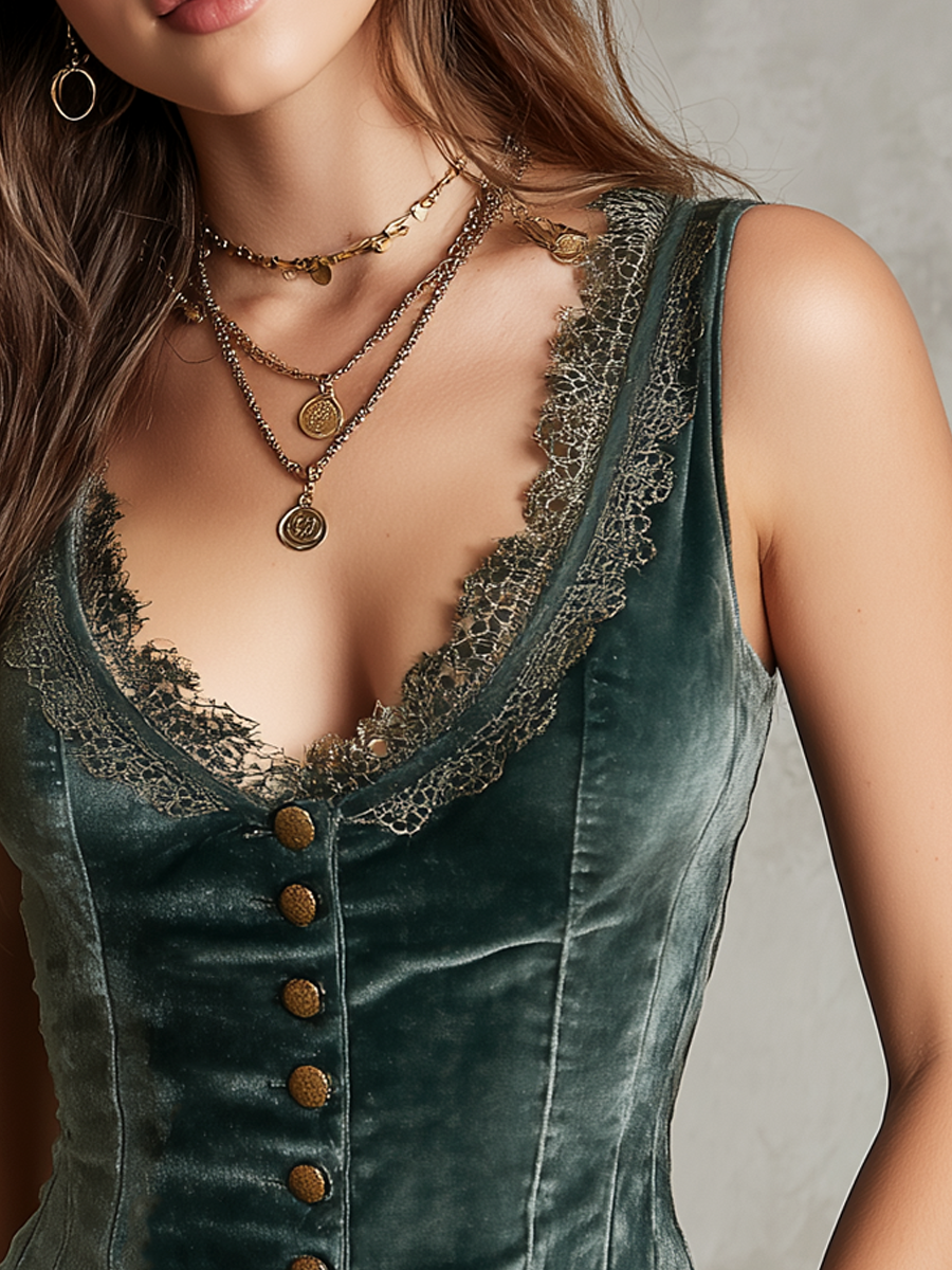 Vintage Sleeveless Lace Neck Velvet Vest