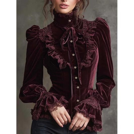 Garnet Red Romance Victorian Velvet Ruffle Blouse