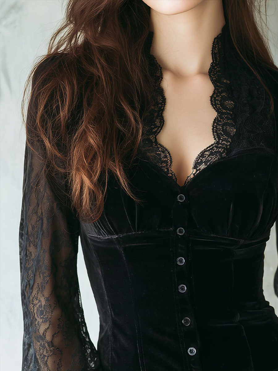 Luxurious Black Velvet Corset Top With Lace Sleeve
