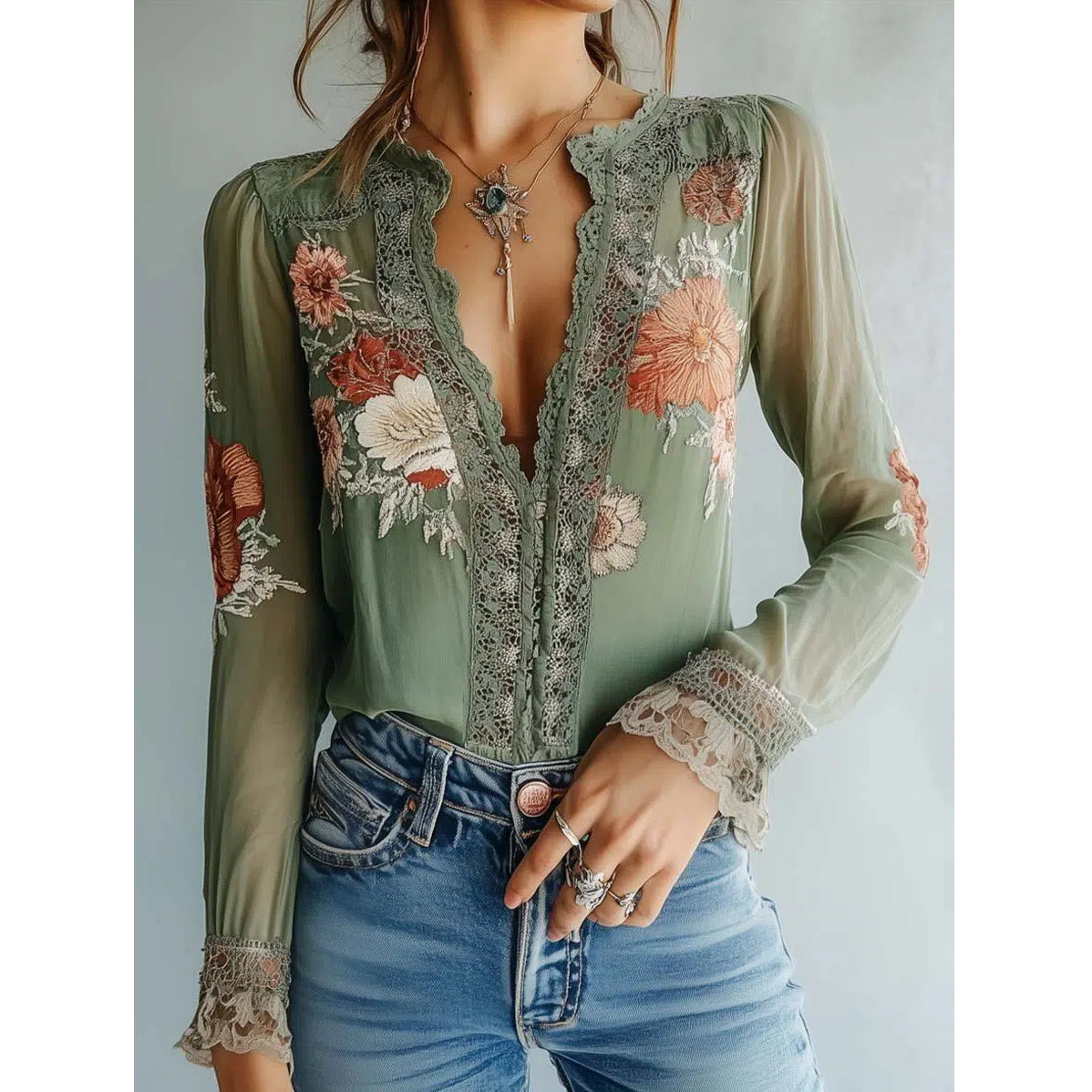 Vintage Bohemian Floral Printed Lace Blouse