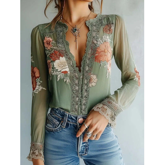 Vintage Bohemian Floral Printed Lace Blouse