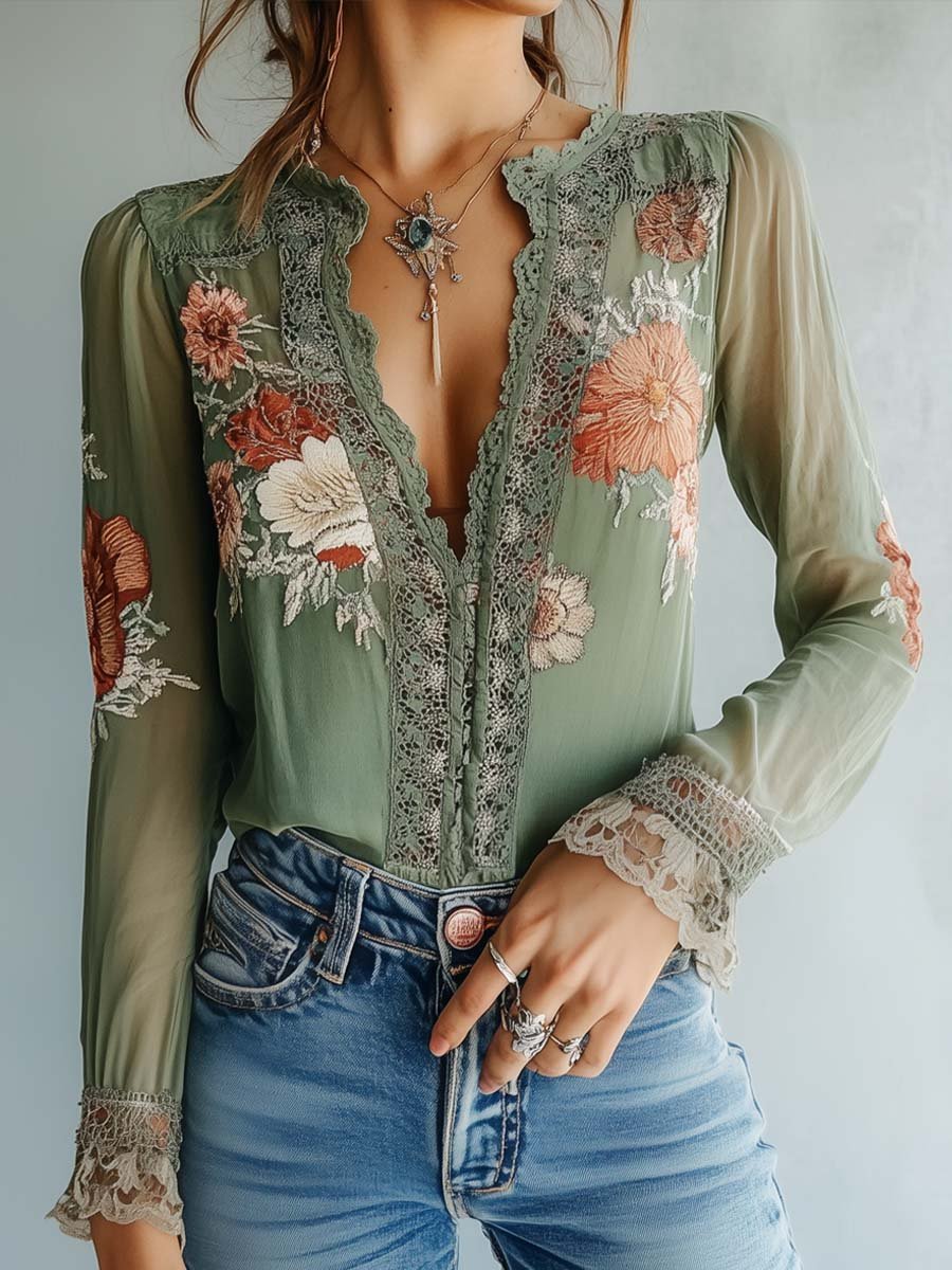 Vintage Bohemian Floral Printed Lace Blouse