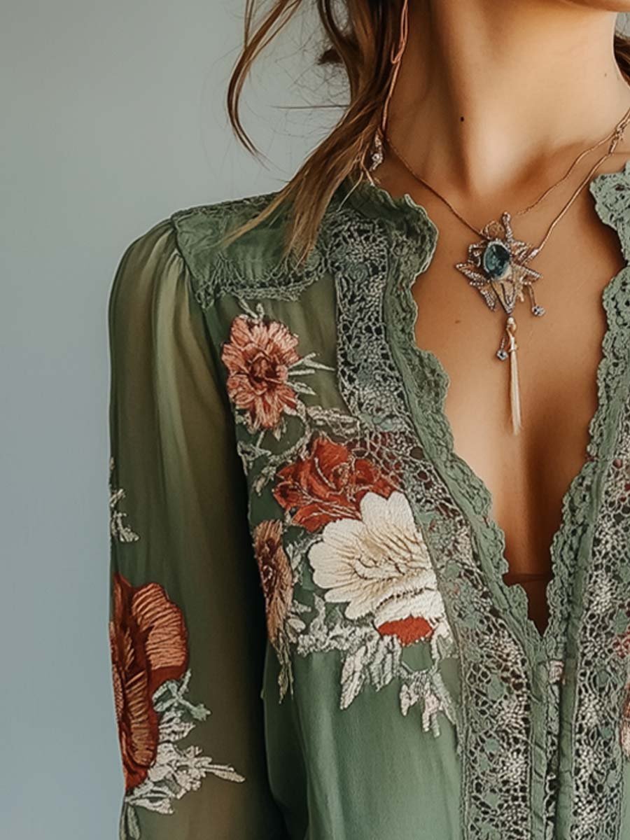 Vintage Bohemian Floral Printed Lace Blouse