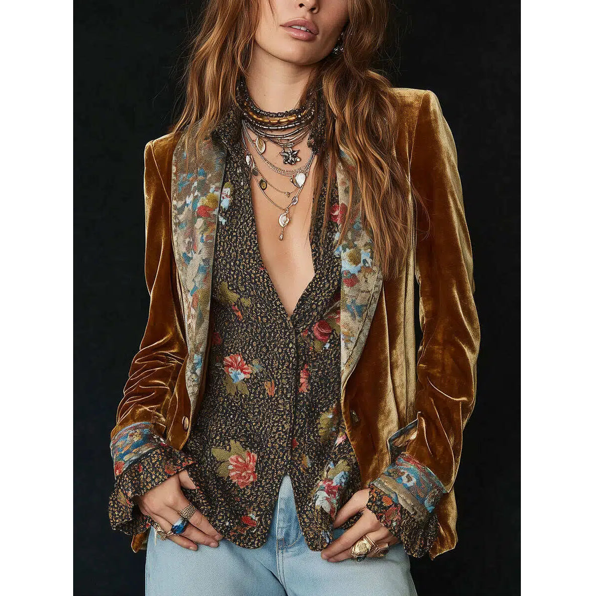 Vintage Lapel Polyester Velvet Floral Print Patchwork Blazer