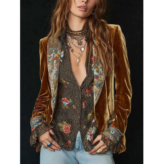 Vintage Lapel Polyester Velvet Floral Print Patchwork Blazer