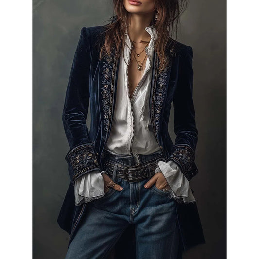 Vintage Navy Polyester Velvet Embroidered Long Jacket