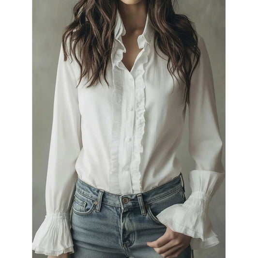 Elegant Ruffled Button-Down Long Sleeve Shirt With Flared Cuffs