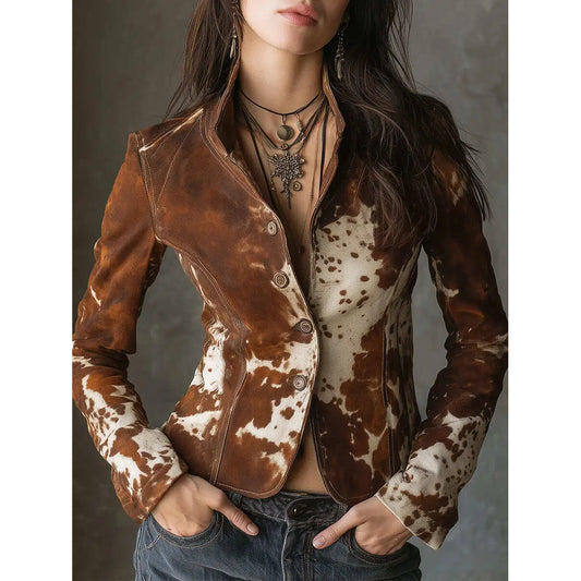 Vintage Stand Collar Suede Cow Print Slim Jacket
