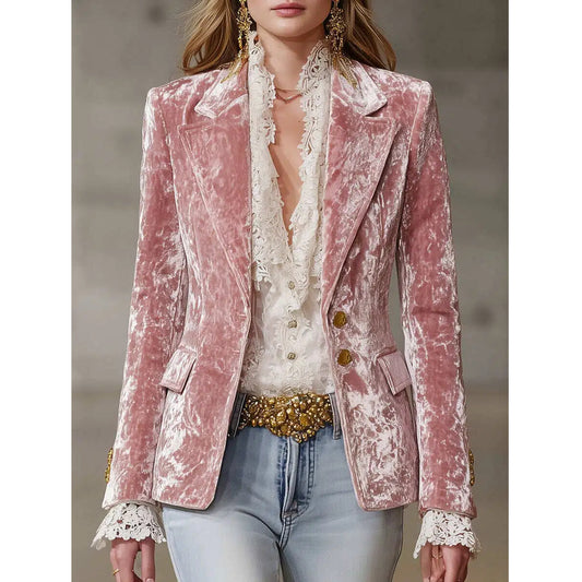 Fashion Retro Pink Velvet Gold Button Blazer
