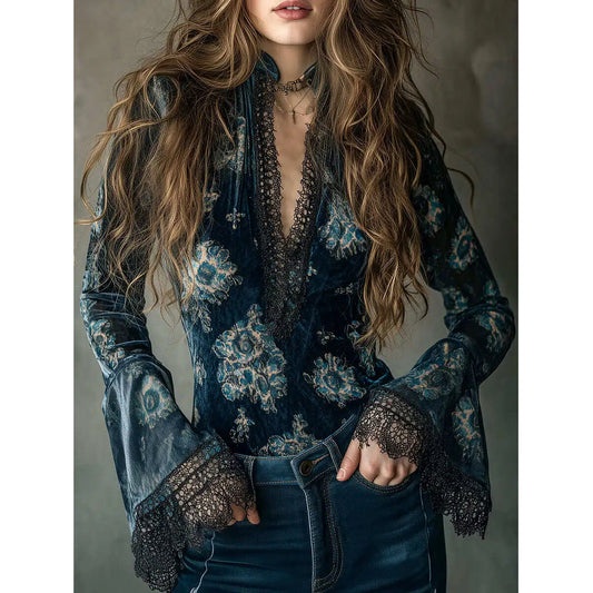 Retro Blue Floral Velvet Lace Blouse With Bell Sleeves