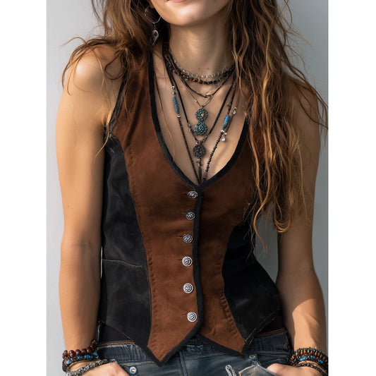 Vintage Contrast Trim Suede Vest