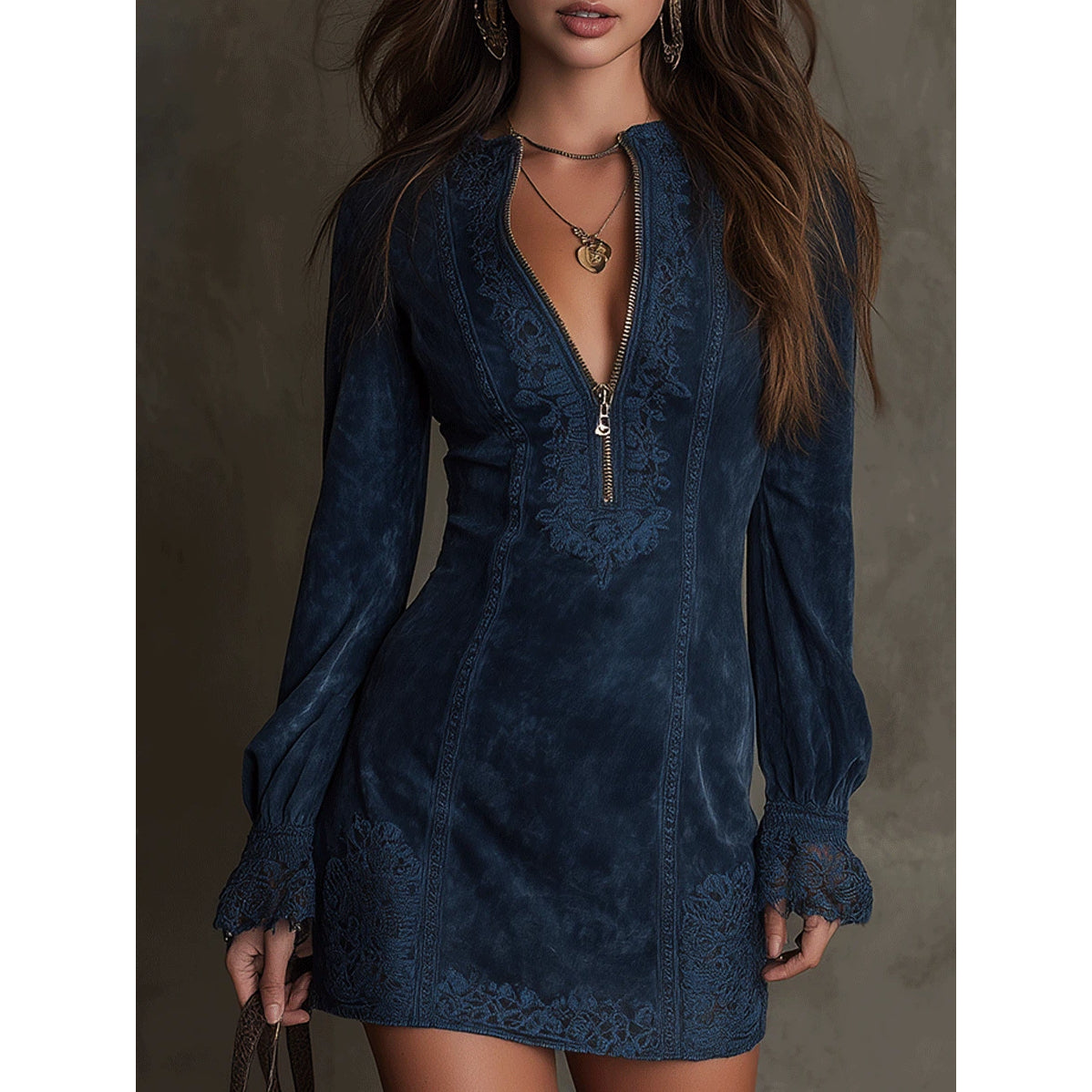Vintage Blue Suede Lace Trim Mini Dress