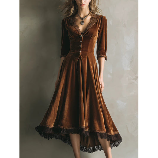Vintage Three-Quarter Sleeves Lace High-Low Hem Velvet Two Pieces Set