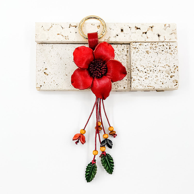 Chloe Leather Leaf Flower Tassel Keychain Boho Bag Purse Ring Pendant Charms