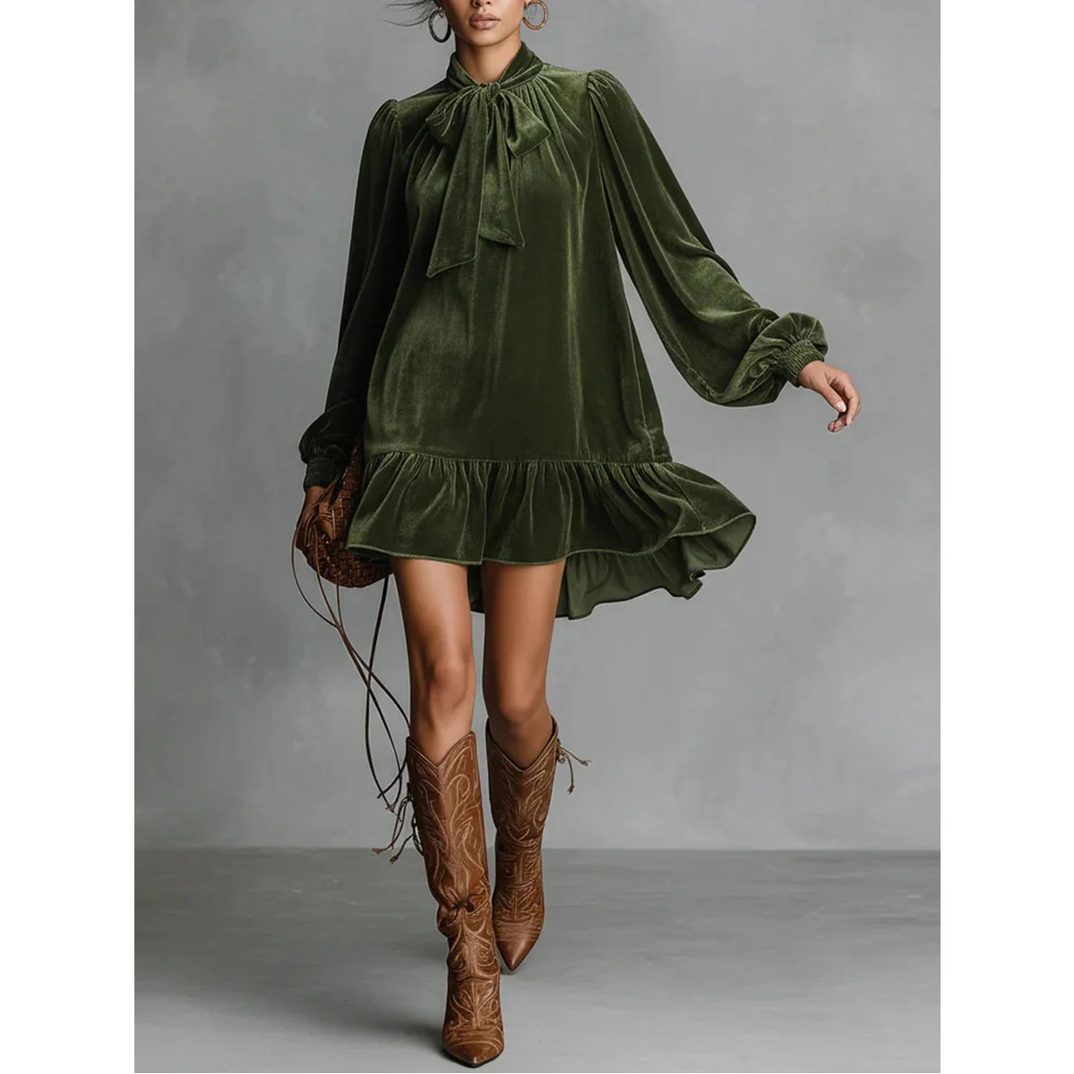 Vintage Green Bow Tie Lantern Sleeve Long Sleeve Ruffle Elegant Velvet Mini Dresses